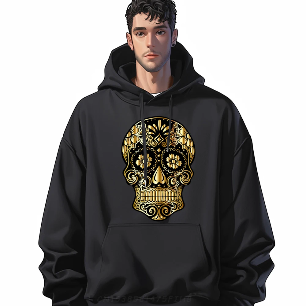 

Black and Gold Sugar Skull Halloween Day of the Dead Costume Funny Shirt Male Men's Oversize Long Sleeve