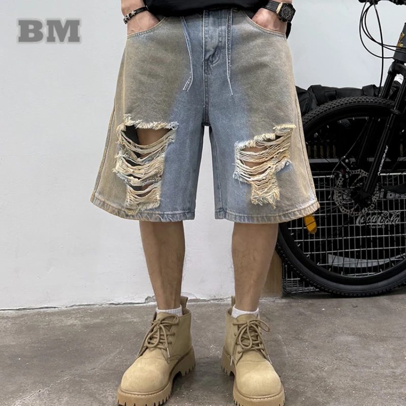 

‌Men Summer American Distressed Denim Shorts Loose Fit Hip Hop Cargo Streetwear Casual Mid Length High Waist Top Sportswear‌