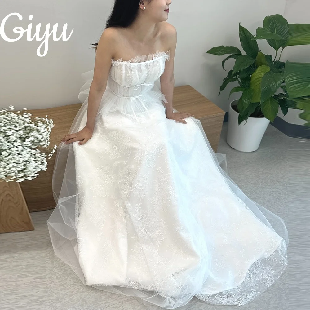 

Giyu Элегантное свадебное платье трапециевидной формы без бретелек со складками из тюля Корейское свадебное платье с лентой для фотосессии длиной до пола по индивидуальному заказу