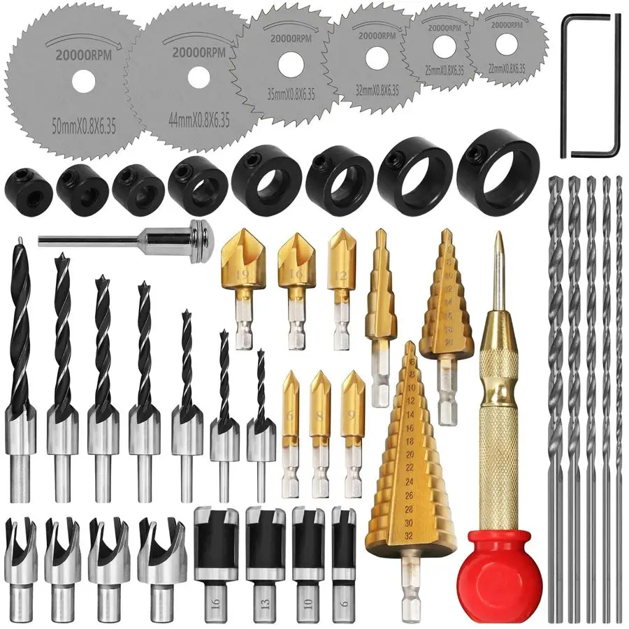 

47 Pcs Woodworking Tools and Accessories, Including Countersink Drill Bit Set, Wood Plug Cutter, Step Drill Bit, Saw Blades, Dri