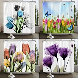 Tulip Rose Flowers style Shower Curtains with Hooks Floral Creative Printing Bathroom Curtains Waterproof Polyester Bath Curtain