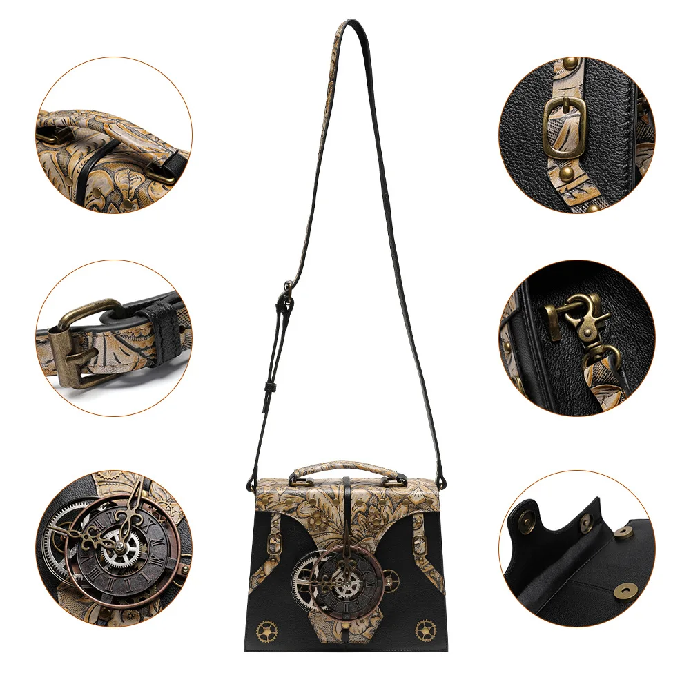 

Steampunk Leather women's bag niche embossed ladies handbag retro style cowhide women's shoulder bag diagonal bag card holder