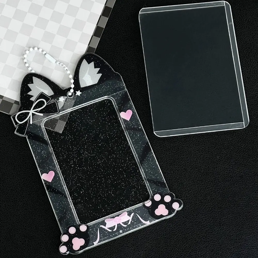 Clear Cat Photocard Holder INS Korean Style Kitty Bus Card Holder with Chain Protective Case Ribbon Bow Idol Photo Sleeve