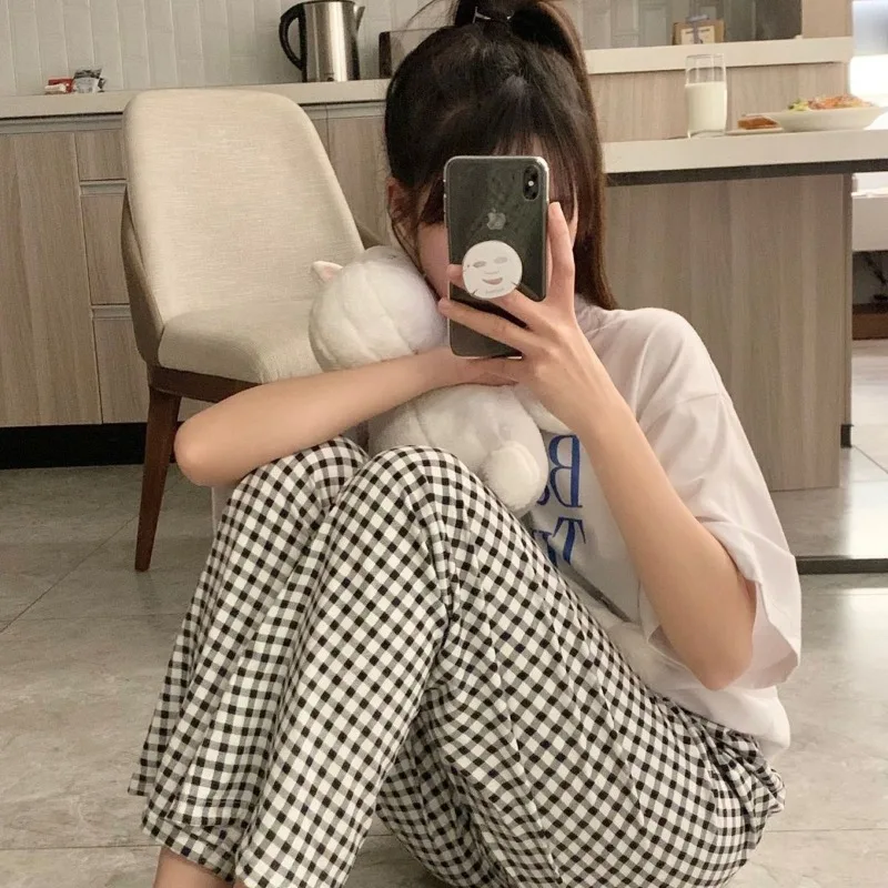 Korean Style Pajamas Pants for Women Sleep Plaid Sleepwear Summer Ankle Length Bottoms Home Room Elastic Waist Sleeping Wear New