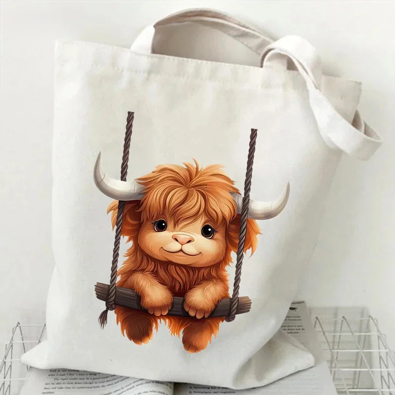 

Cute Cow Print Canvas Tote Bag Women's Large Capacity Beach Shoulder Bag Student Casual Travel Shopping Bags Cartoon Cow Handbag