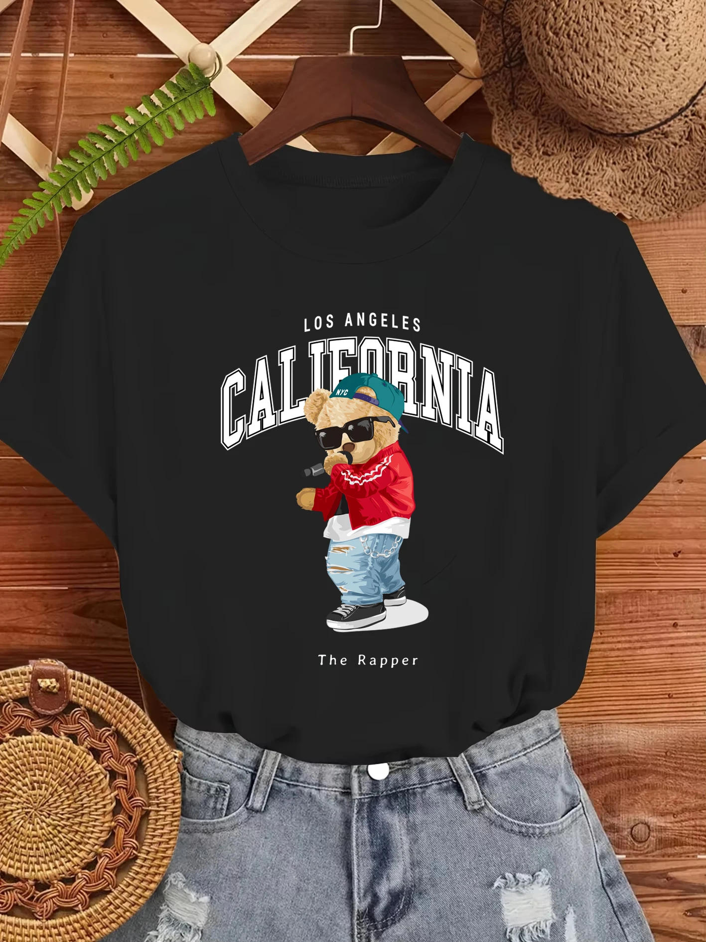 Camiseta con estampado de letras de Los Ángeles del rapero Bear para mujer, pantalón corto informal de algodón de manga, camisetas de verano, ropa de calle con cuello redondo de Hip Hop