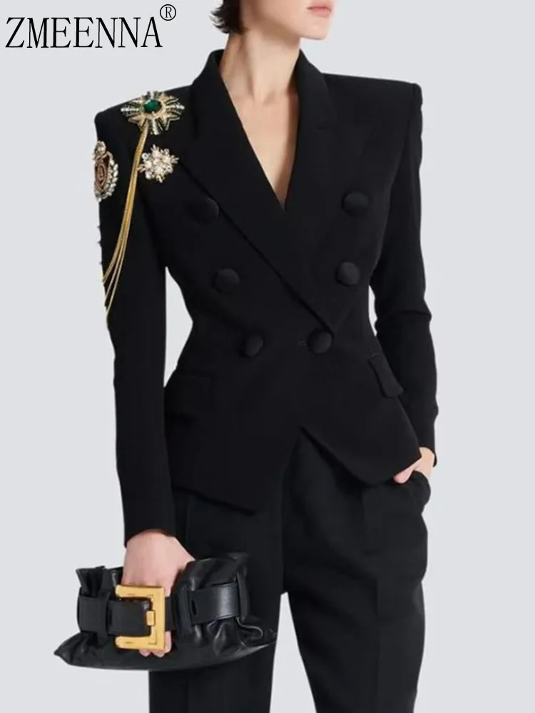 

ZMEENNA Womens Black Double Breasted Blazer Fit Gold Chain Jewel Embellishment Shoulder Detail Lapel Jacket ZM4499