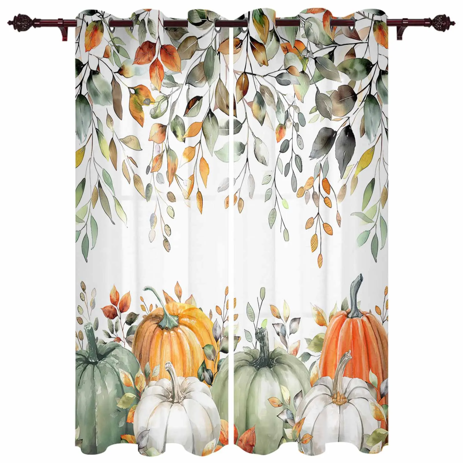 

Thanksgiving Plants Green Eucalyptus Leaves Pumpkin Window Curtains for Living Room Bedroom Curtain Home Decor Balcony Drapes