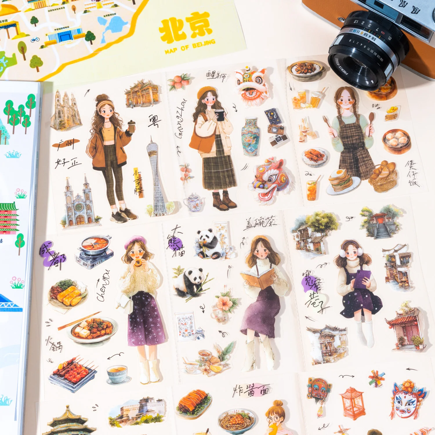 

6sheets/3bag Cartoon Character Travel China Landmark Theme PET Stickers For Scrapbook DIY Frame Collage Decoration Laptop