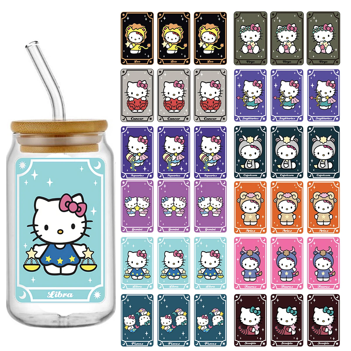 Tarot de la serie del zodiaco de Hello Kitty, nuevo diseño, taza UV DTF de 16oz, envolturas Sanrio, pegatina de teléfono 3D para botella de taza de lata de Libbey de vidrio