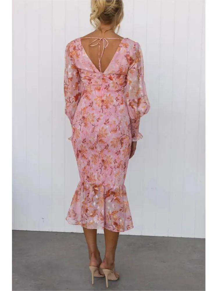 Jupe à volants imprimée à la mode pour femmes, taille élastique, manches longues, robe sexy à col en V, vêtements d'automne, nouveau style