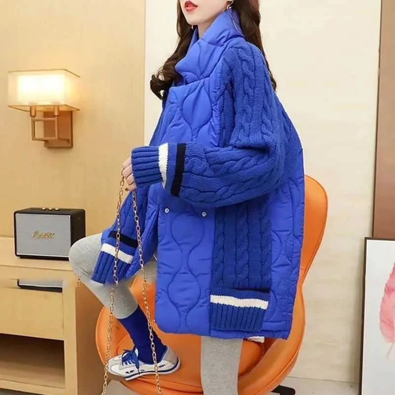 New Women\'s Stand Collar Sweater Splicing Padded Jacket Autumn Winter Thick Down Cotton Coat Female Knitted Cardigan Parkas