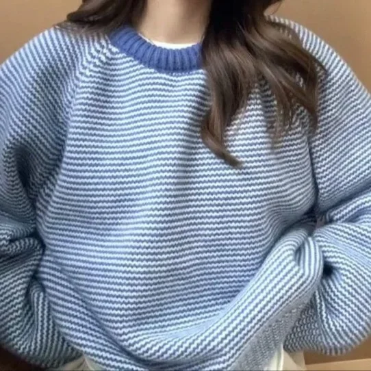 الرجعية الكورية نمط الأزرق سترة المرأة فضفاضة ملابس خارجية جديدة غير رسمية مخطط كتلة اللون الصيف كسول نمط طاقم الرقبة الأعلى