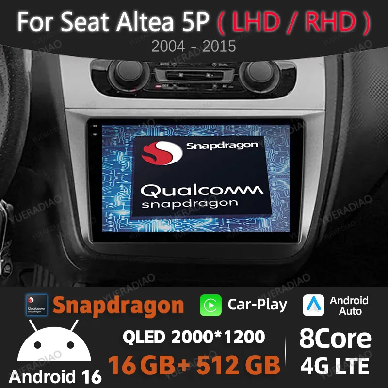 Android 16 Carplay Auto Car Radio For Seat Altea 5P 2004 - 2015 Toledo 5P III 3 2004 - 2009 LHD RHD Multimedia Video Player
