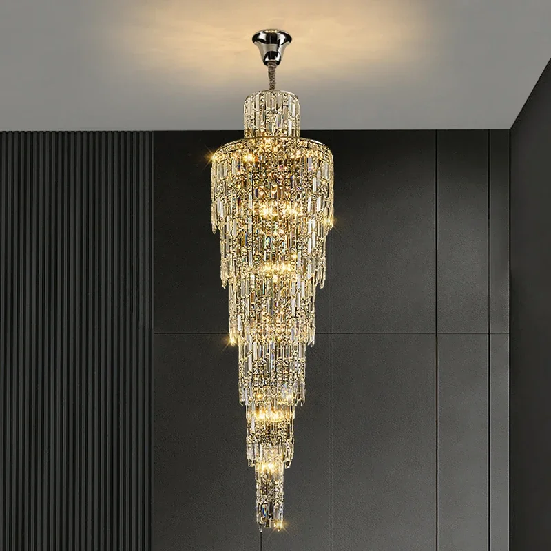 lustre de cristal para villa living room iluminacao longa decoracao duplex piso a piso escada rotativa luxo acessivel 01