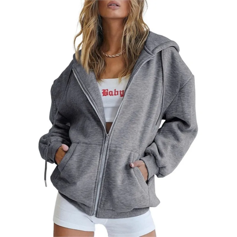 Women's Gray Zip Up Daily Sweatshirt Autumn Trendy Jacket Clothes Hoodies Winter Pocket Long Sleeve Versatile Solid Hoodies Lady