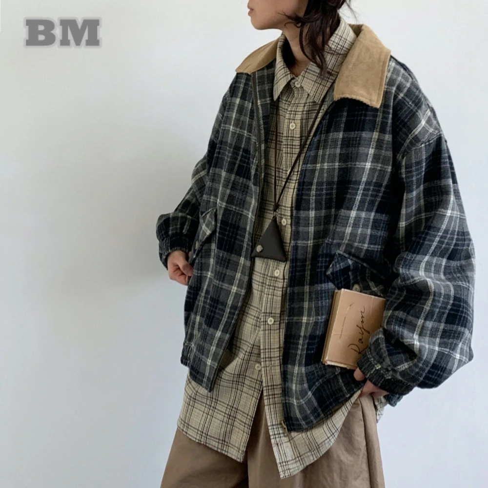 

‌ Японская рабочая одежда, куртка для мужчин и женщин, клетчатая винтажная уличная одежда, свободная посадка, весна-осень, Harajuku, модное лоскутное пальто с лацканами