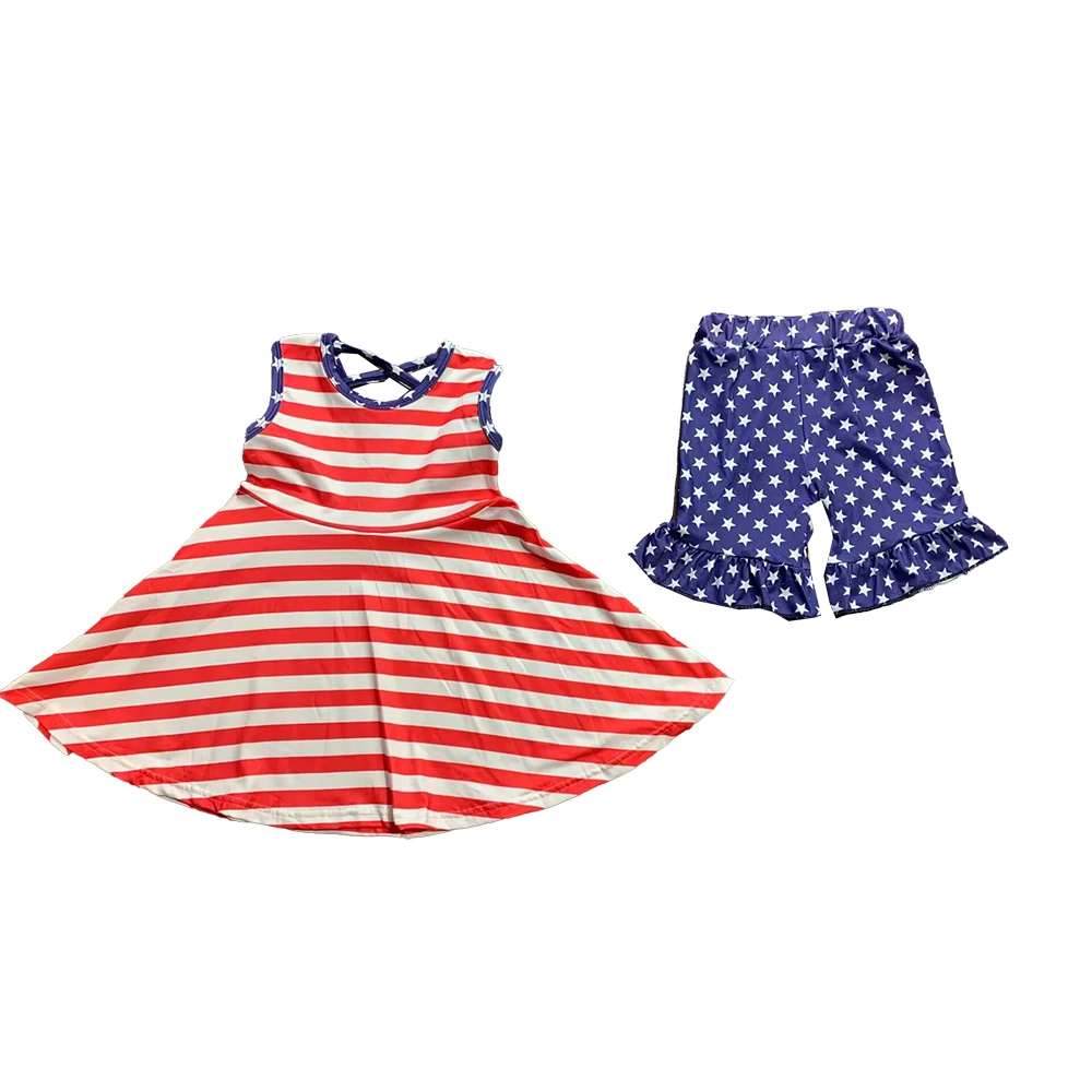 Wholesale Girls July 4th Outfits Summer Sleeveless Tunic Top Five-Pointed Star Shorts Set