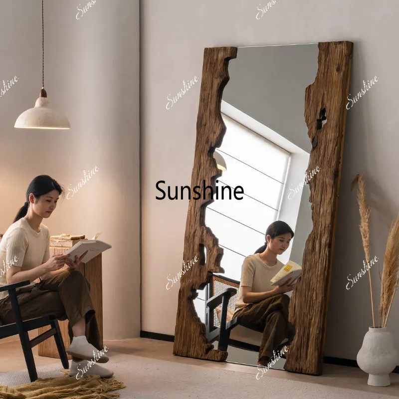 Mid century wooden full-length mirror furniture living room floor mounted dressing mirror room decoration espejos para pared