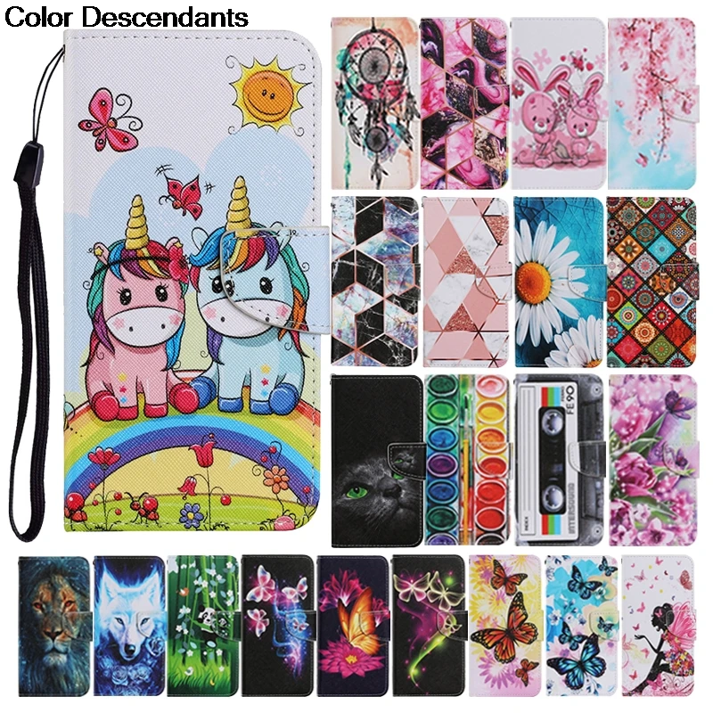 Case on For iPhone 12 11 Pro Max 8 7 Plus SE 2020 Leather Flip Stand Phone Cover Cute Butterfly Unicorn Lion Panda Flower Capa