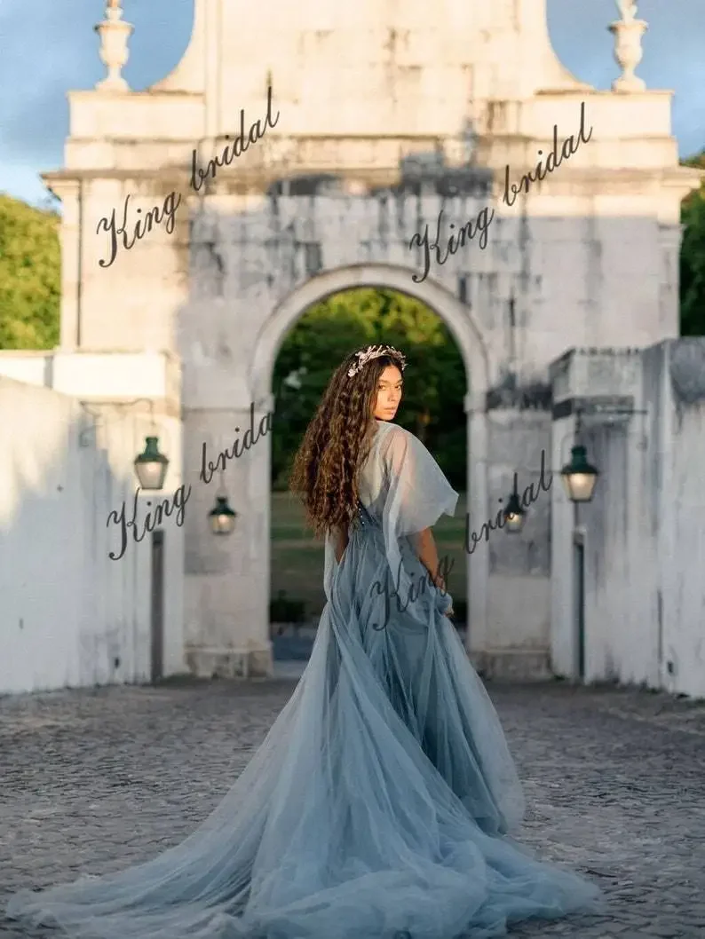 Full Gown Airy Sleeves Bridal Simple Wedding Party Dresses Ethereal Wedding Dresses Pale Dark Blue Wedding Gown