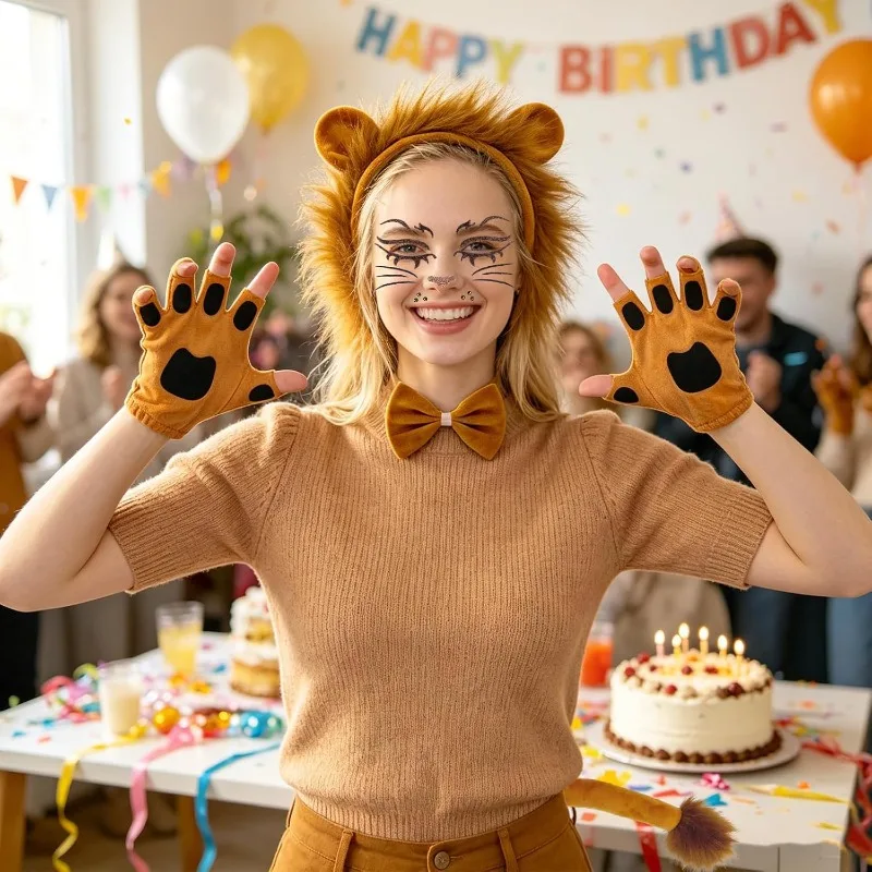 5PCS Lion Costume Set Mane Headband Tail Bowtie Paws Halloween Dress Up Safari Jungle Animal Halloween Birthday Party Dress Up 4