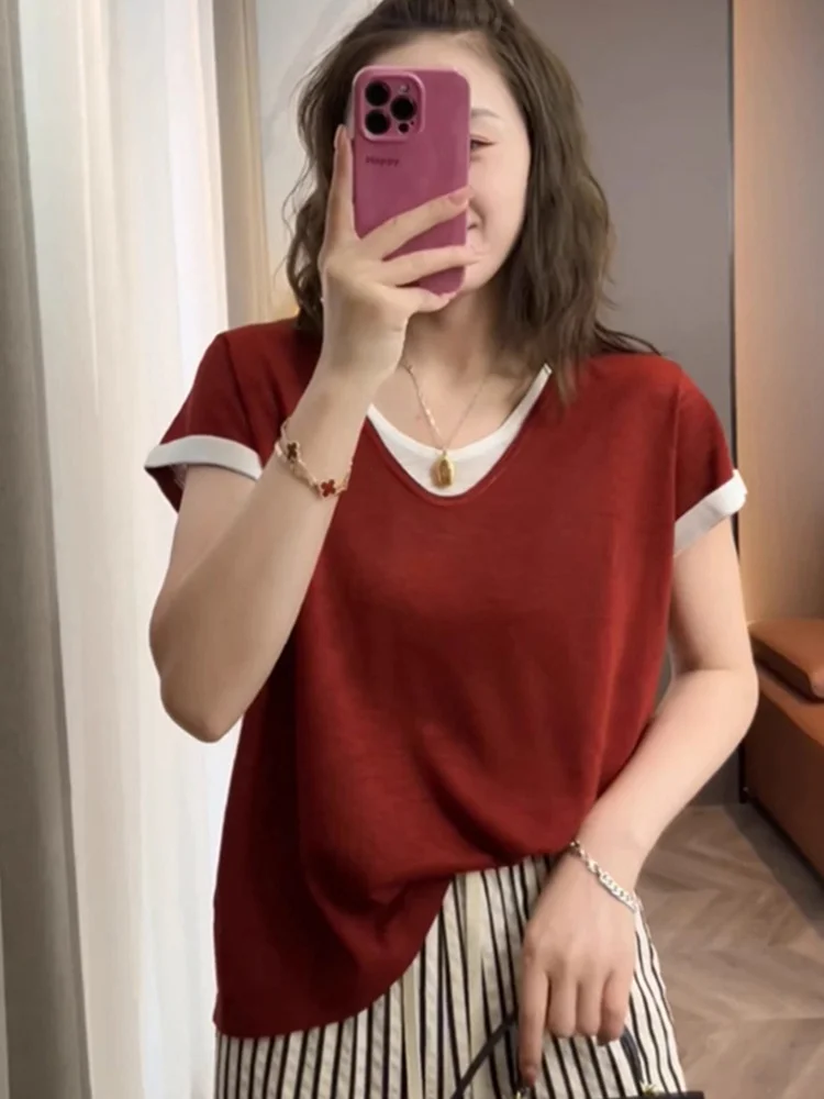 

Удобная свободная повседневная женская трикотажная футболка из ледяного шелка ort Sve Overhead Faion Design, состоящая из двух частей, стандартного кроя