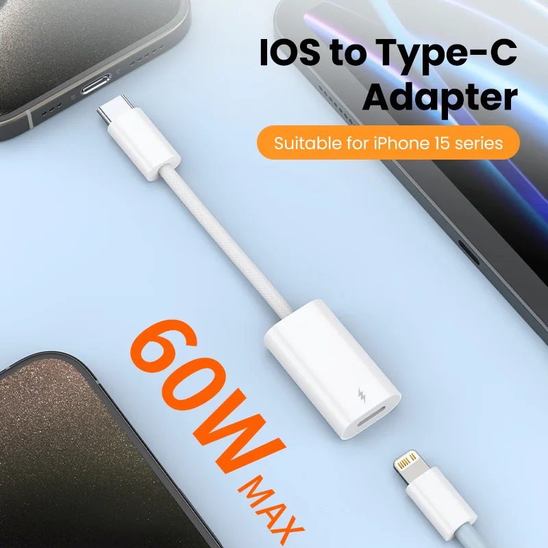 60W Type C Male To Lightning Adapter for iPhone 15 Supporting Charging Data Transfer not Audio Transfer USB-C Connector for ios