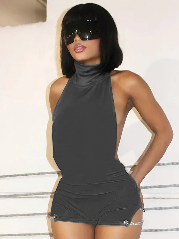 

High Ne Svel Chain Bal Jumpsuit orts Women's Pure Color No Sve Bared Ba Linkage Overall Summer Clothes