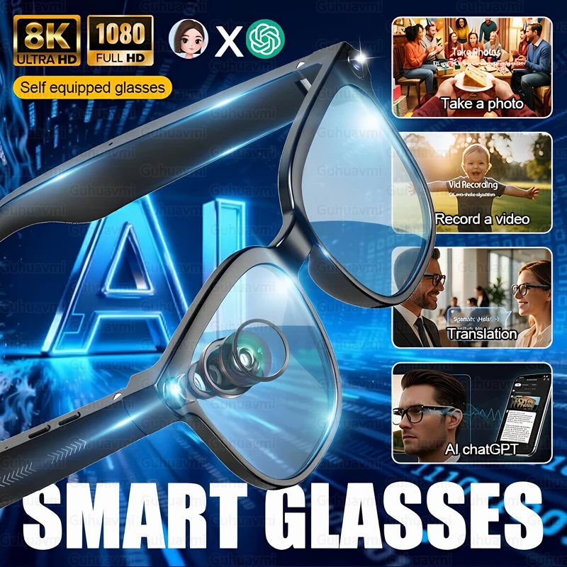 

New Smart Glasses with AI ChatGPT 8MP HD Camera 4K Video Recording 100+ Languages Translator Bluetooth Call Blue Light Glasses