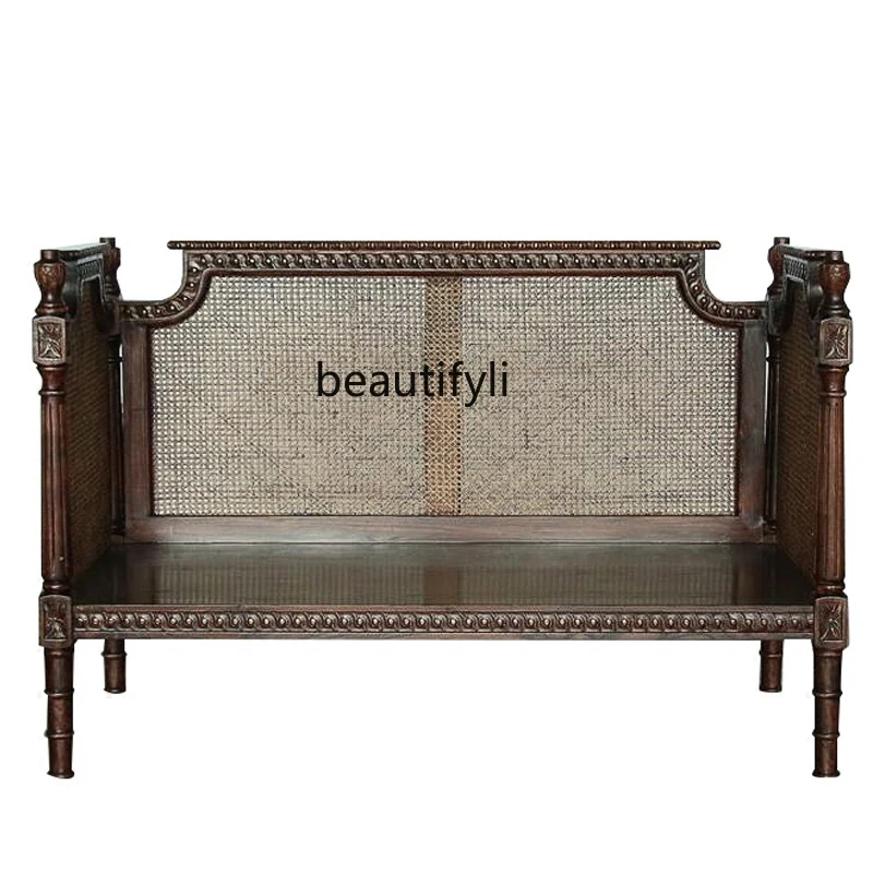 

Southeast Asian Style Solid Wood Rattan Sofa Club Bed & Breakfast Furniture Thai Style Retro Double Sofa living room furniture