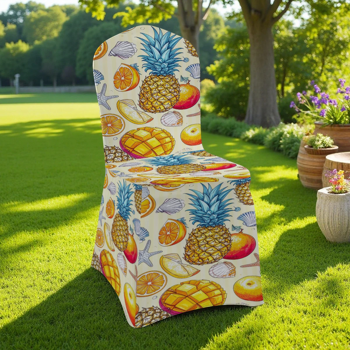2D All - inclusive Stretch Chair Cover, Tropical Fruit (Pineapple/Mango/Orange) Printed, Universal for Hotel