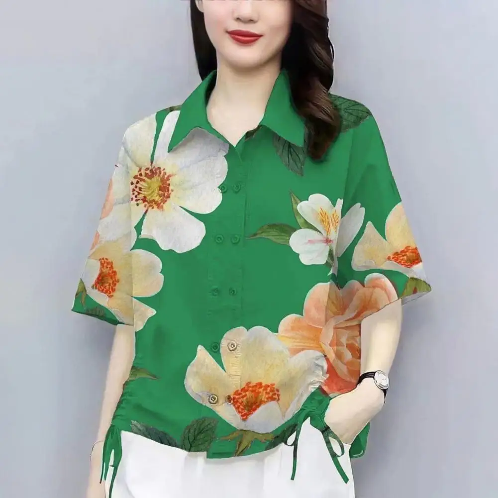 Lightweight Top Floral Patterned Lapel Shirt for Women with Double Breasted Design Drawstring Detail Loose Fit Summer Top Lapel