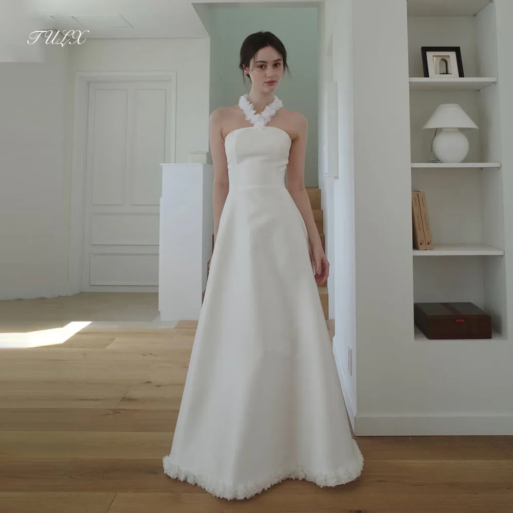 TULX Elegant A-line Satin Wedding Dresses Korea Photo Shoot Strapless Adjustable Shawl Long Bridal Gown Corset Customized 웨딩드레스