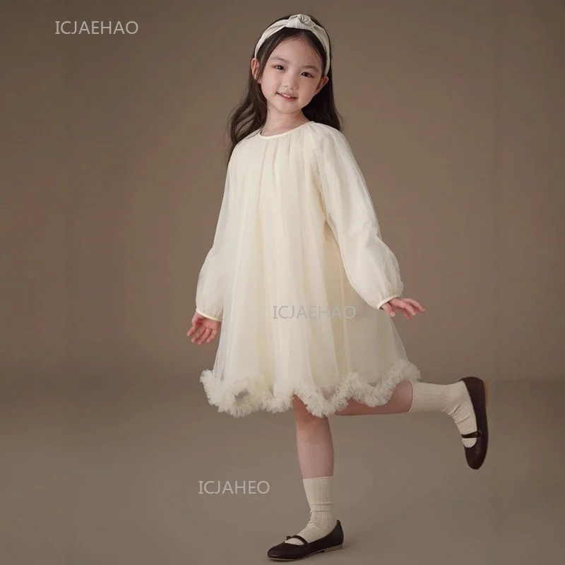 

Girls Princess Dress Children Dresses for Kids Daily Wear Long Sleeve Autumn New Simple Tulle Puffy Gown Party Pageant Formal