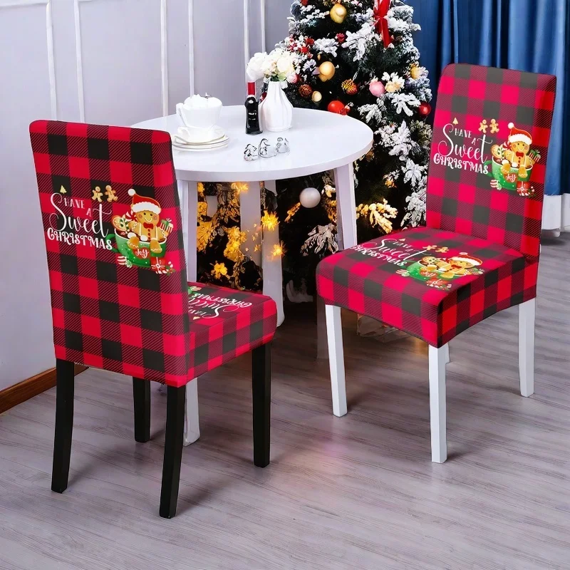 2/4/6 قطع من أغطية كراسي تناول الطعام لعيد الميلاد مصنوعة من نسيج حرير الحليب المرن، قابلة لإعادة الاستخدام وقابلة للغسل، مع طباعة رجل الزنجبيل.