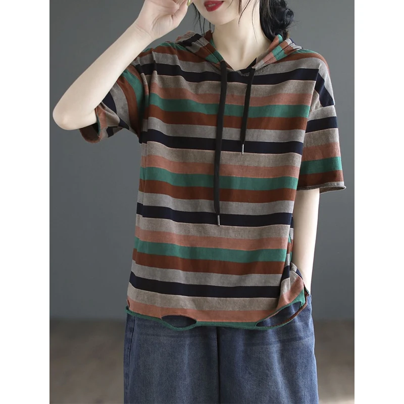 Street Casual Hooded Loose Tops Summer New Short Sleeve Striped Plus Size All-match Vintage T Shirts Fashion Trend Women Clothes