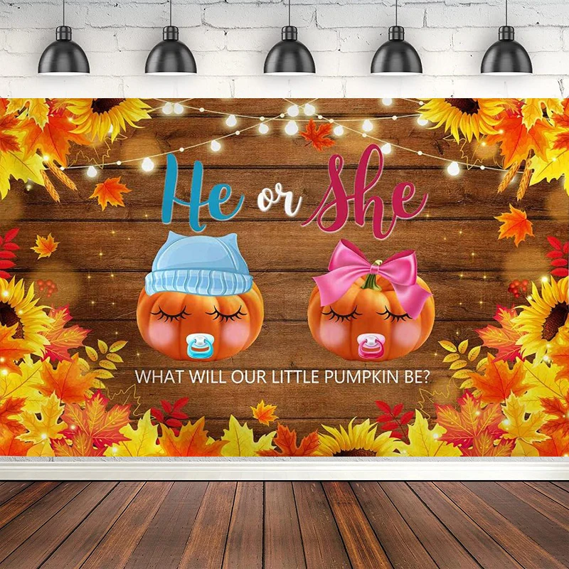 

Pumpkin Gender Reveal Photography Backdrop Baby Shower Party Banner Fall Boy Or Girl He Or She Background Maple Leaves Decor