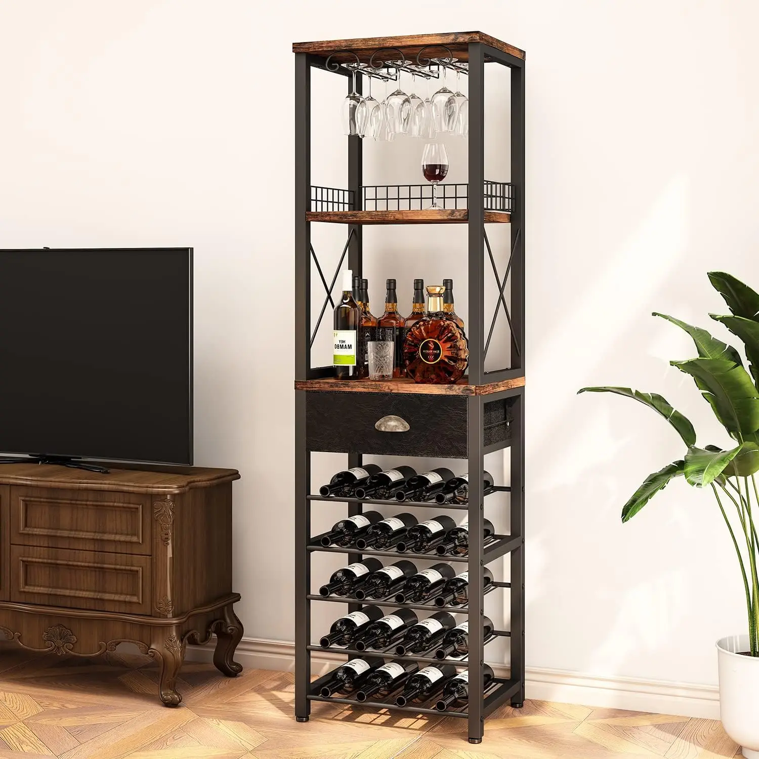 Homeiju Wine Rack Freestanding Floor, Bar Cabinet for Liquor and Glasses