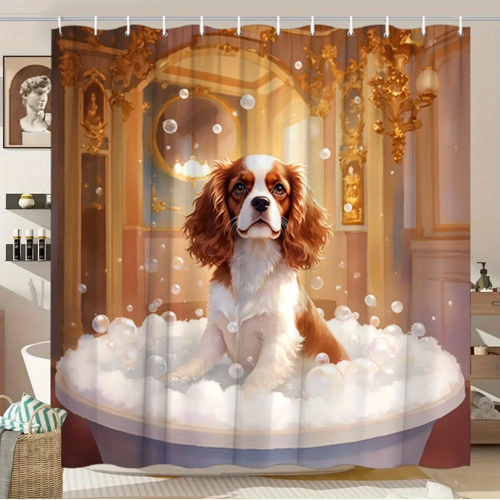 Cortina de ducha divertida con diseño de perro, cachorro King Charles Spaniel tomando un baño, cortina de baño de poliéster impermeable, juego de decoración para el hogar