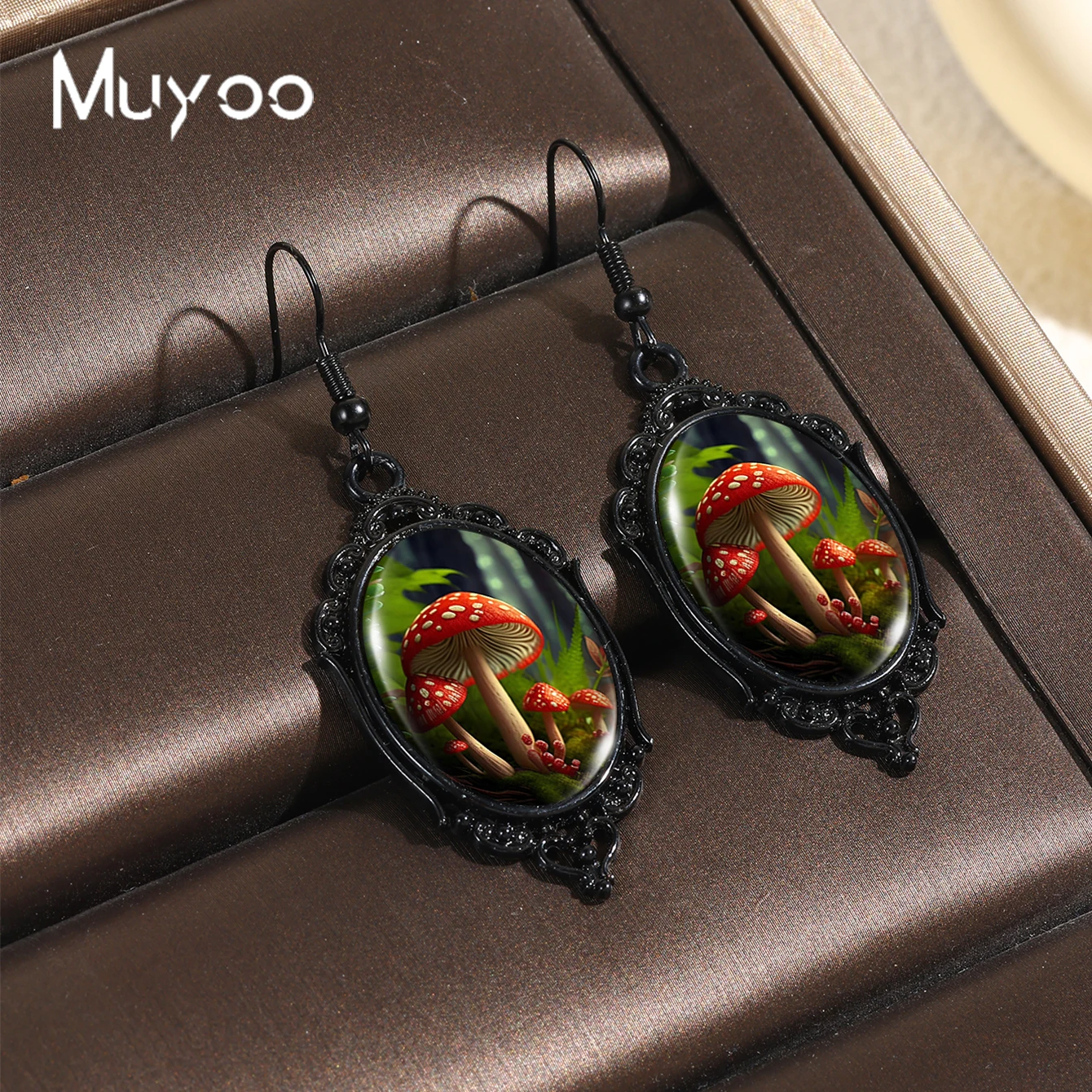 2024 New Arrival Fashion Red Mysterious Mushroom Glass Cabochon Fish Hook Earrings Handmade Black Pumpkin Dangles