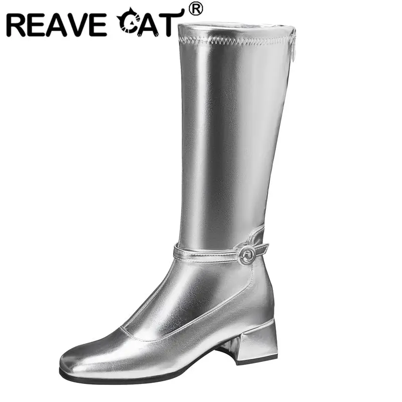 

Брендовые женские сапоги до колена REAVE CAT с круглым носком на массивном каблуке 4,5 см, застежка на молнии, большие размеры 43, 44, 45, 46, модная обувь для свиданий