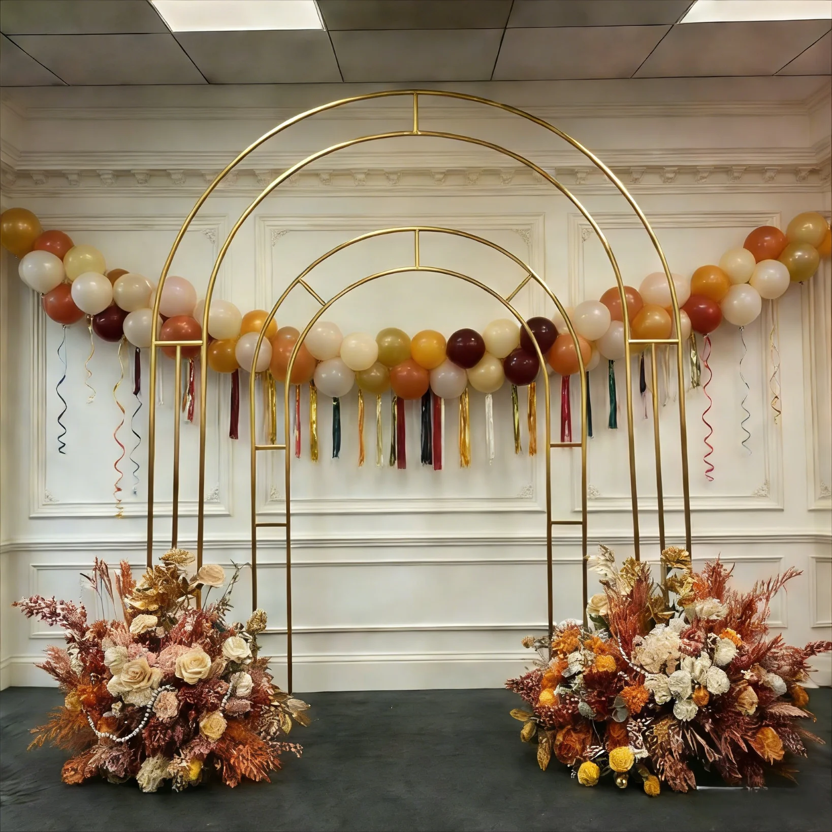 

Gold Wrought Iron Arch, Outdoor Wedding Balloon Flower Stand For Birthday Anniversary Party Grand Opening Decorations