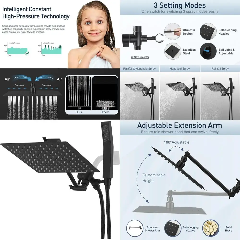 

Комбинированная насадка для душа с матовым черным дождем, ручным распылителем, водопадом высокого давления, шлангом 70 и 3-ходовым переключателем