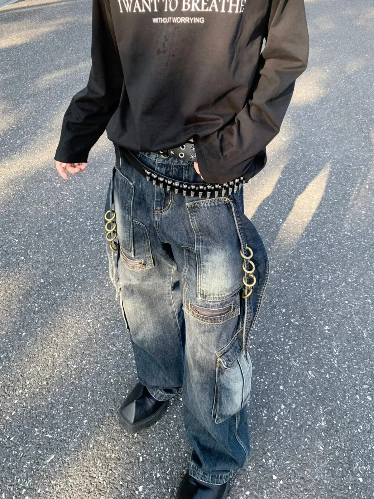 

Heavy Du Waed Distred Men's Jeans Loose Casual Straight Leg Workwear Trousers American Street Sle Spring Autumn