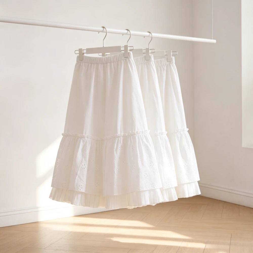 Girls White Maxi Skirt Pleated Hem Cotton Long Skirt High Waist Elastic Casual Bottoms Kids Spring Fall Cottagecore Daily Wear