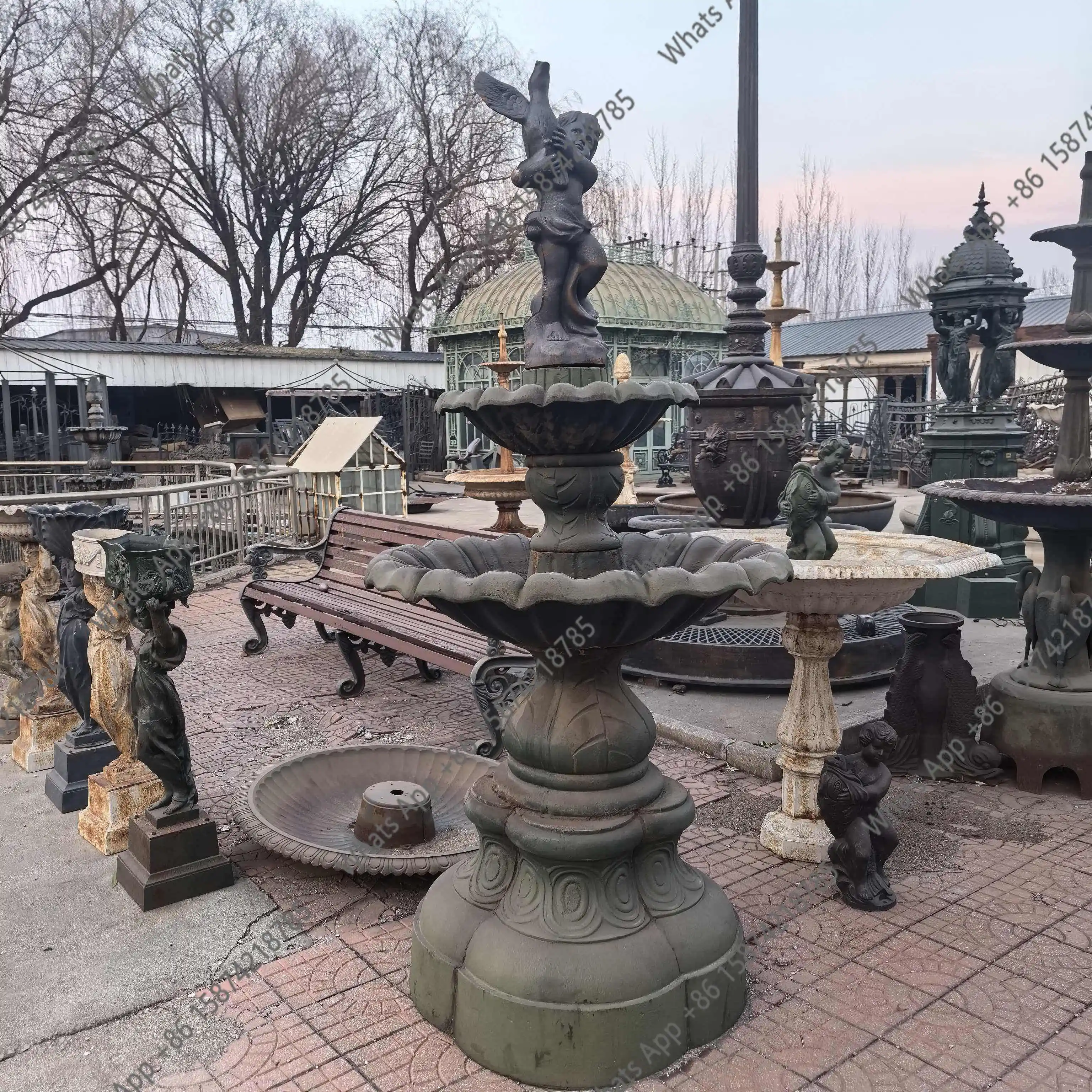 Craft cast iron fountain angel holding goose big lotus leaf basin double courtyard garden park wishing pool