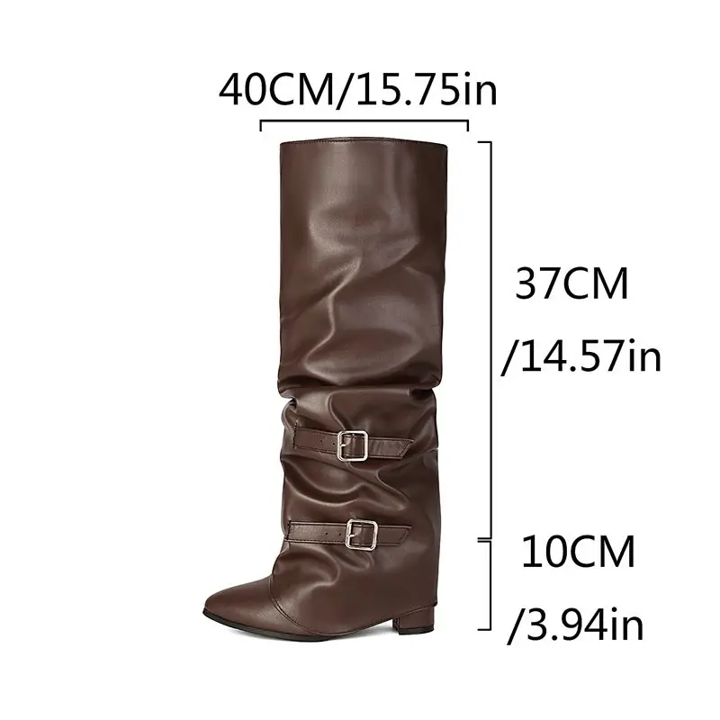 ORCHA LISA Flock Womens Knee High Footwear 10cm Block Sole Sharp Toe Pull On Waist Belt Fastening Oversize 44 45 46 47 48 White