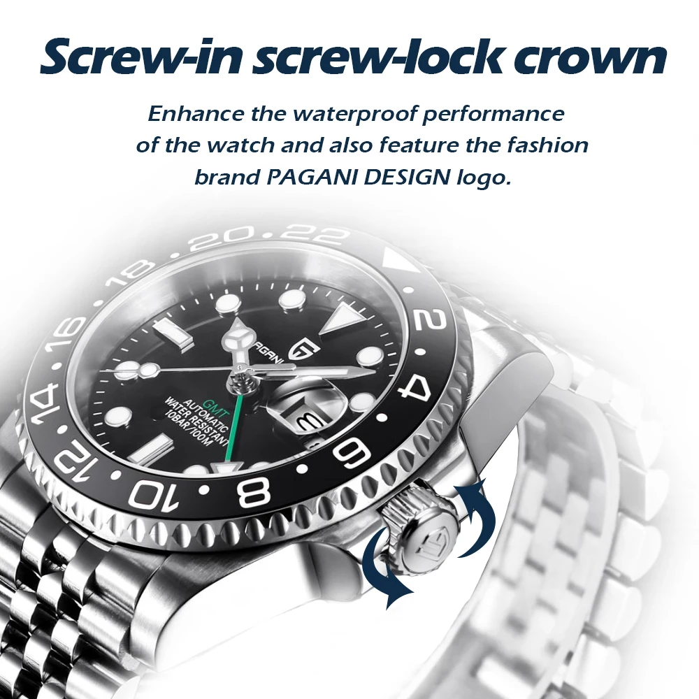 PAGANI DESIGN ساعة ميكانيكية أوتوماتيكية للغوص للرجال 316L من الفولاذ المقاوم للصدأ ساعة عمل فاخرة من زجاج الياقوت المضيء للغاية