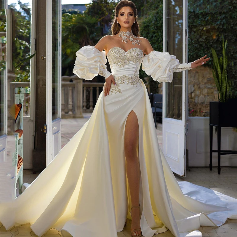 Luxury Over-skirt Mermaid Wedding Dresses Removable Bubble Sleeve Side High Slit Princess Bridal Gowns Simple Vestido De Novia